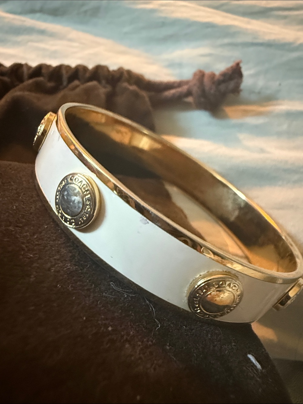 Coach White Enamel and Gold-Tone Logo Bangle Bracelet